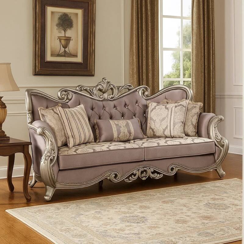 Aboi Sofa, 5 Accent Pillows, Purple Velvet, Carved Details, 95 Inch