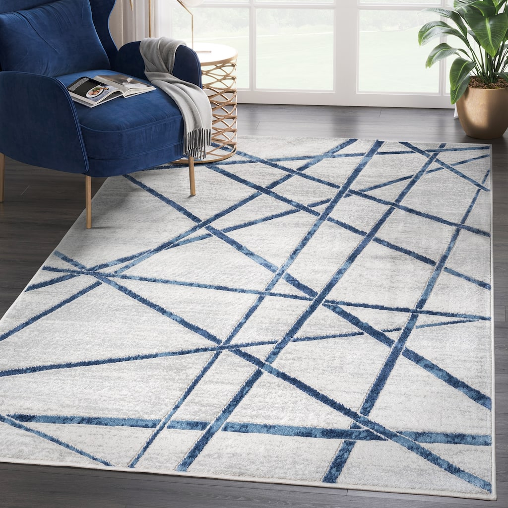 Abani Atlas Collection ATL130A Criss Cross Lines Blue Grey Area Rug