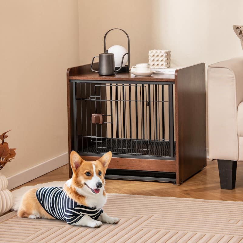Indoor Dog Crate with Removable Tray and Lockable Door for Secure Pet Housing - 24.5" L × 19.5" W × 24" H - Rustic-Brown
