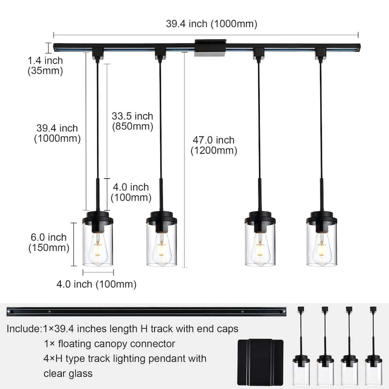 H-Type Track Pendant Lighting 4 Lights Track Ceiling Light Fixtures Hanging, Include 394 Inches H Type Track Lighting Rail