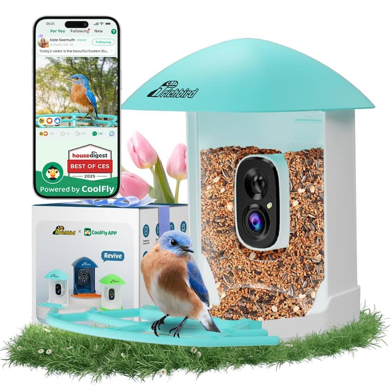 Smart Solar Bird Feeder with Camera and Interactive App - Blue