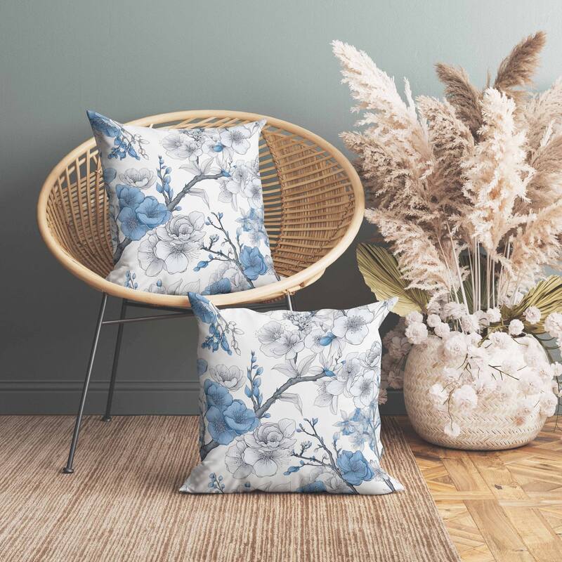 Petal Poetry Indoor/Outdoor Reversible Throw Pillow White and Blue
