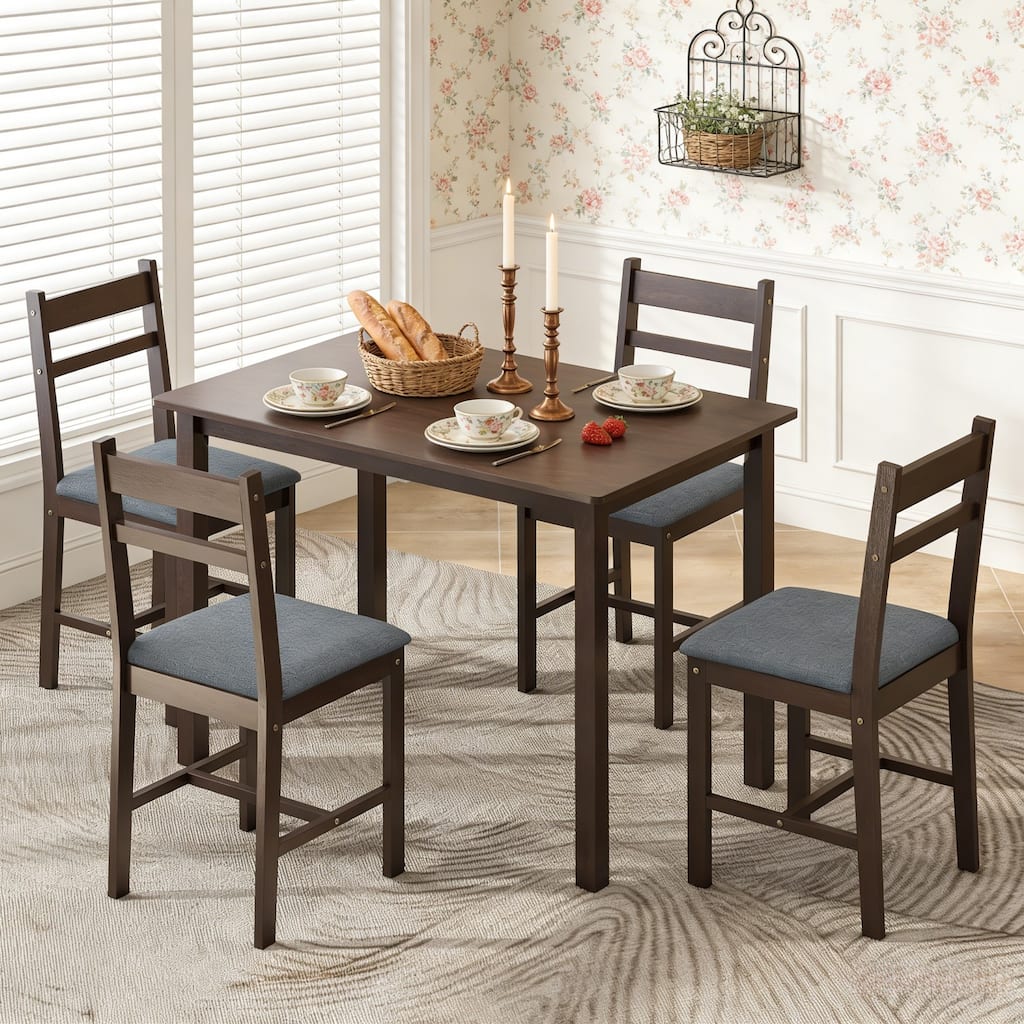 5-Piece Dining Set, Farmhouse Wooden Table and 4 Cushioned Chairs