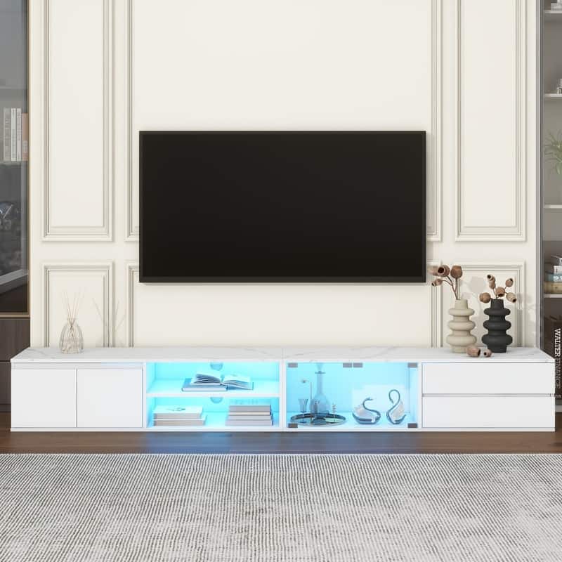 Modern 105" App-Controlled LED TV Stand with Faux Marble Top & Glass Doors - White