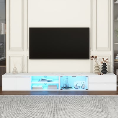 Modern 105" App-Controlled LED TV Stand with Faux Marble Top & Glass Doors