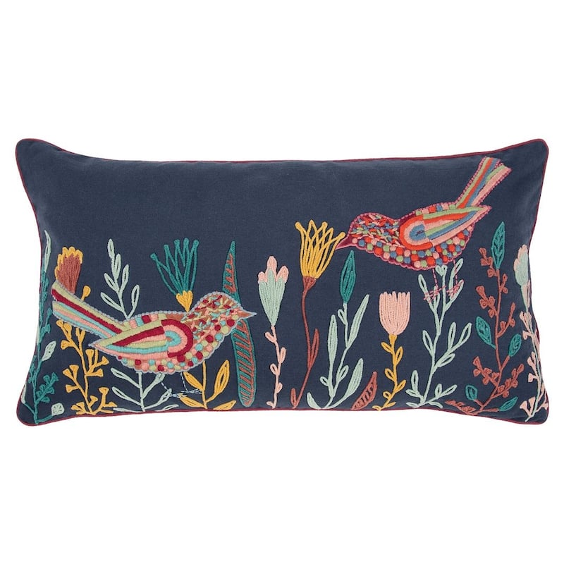 Rizzy Home Navy Blue Multi-colored Floral and Birds Throw Pillow
