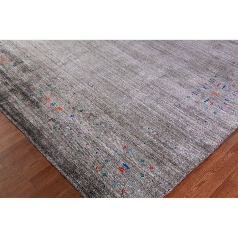 Hand Knotted Oriental Viscose Silk Carpet Tribal Stripe Greys & Charcoal Gabbeh Area Rug - 9' 9'' X 8' 0''
