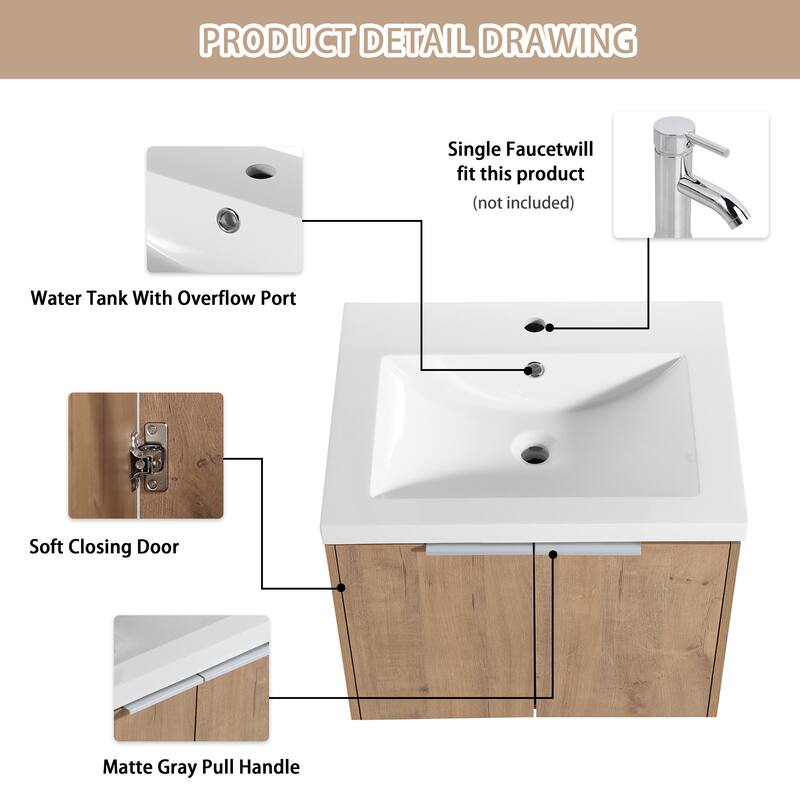 Bathroom Vanity With Sink In 24/30/36 Inch, Floating Bathroom Vanity With Soft Close Door