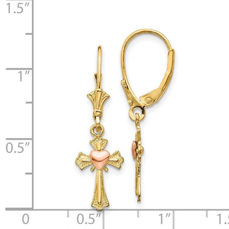 Curata 14k Two Tone Dangle Gold Heart Cross Leverback Earrings 32x9mm