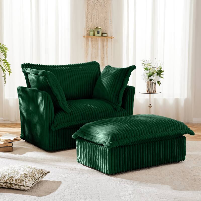 Corduroy Slipcovered Deep Seat Armchair with Ottoman & Large Soft Pillows