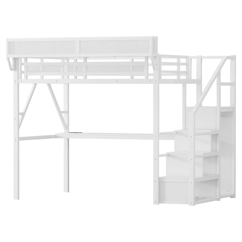 Full Loft Bed with Desk and Charging Station, Full Size Metal Loft Bed with Stairs and Light for Kids Teens