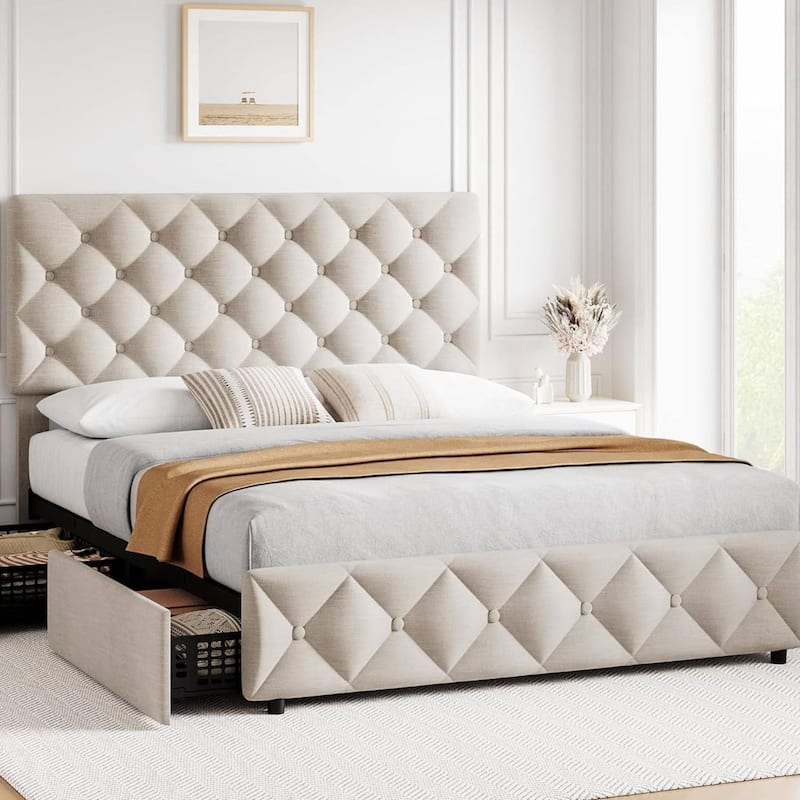 Bed Frame with 4 Storage Drawers and Adjustable Headboard
