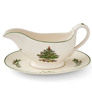 Spode Christmas Tree Gravy Boat and Stand - 8.4" L x 6.6" W x 4.5" H