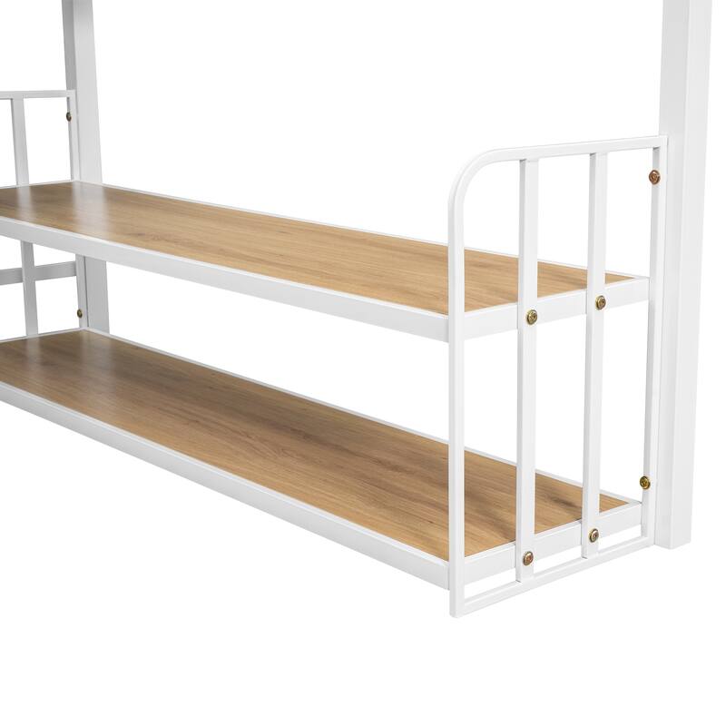 Heavy Duty Metal Bed Frame, Twin Size Loft Bed with Wood Desktop Desk, Storage Shelves and Charging Station for Bedroom