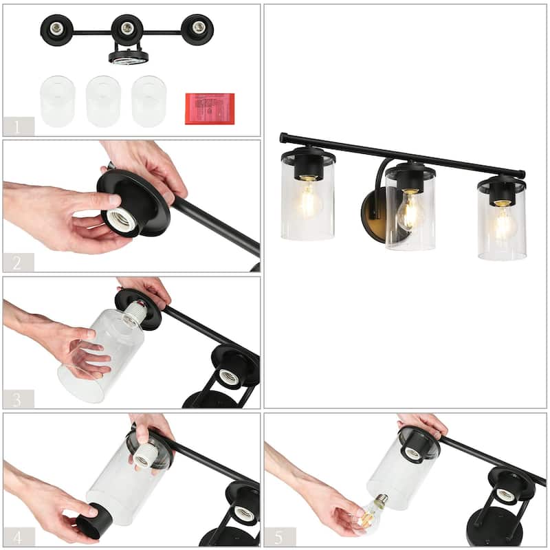 Modern Farmhouse 3-Light Black Bathroom Vanity Lights Glass Wall Sconces - W 21.6" x L 7.8" x H 6.7"