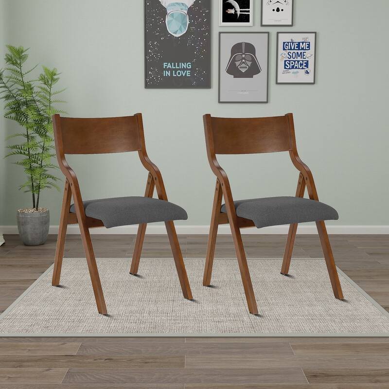 European Vintage Set of 2 Wooden Folding Dining Side Chairs with Fabric Seat Cushions - Walnut+Grey