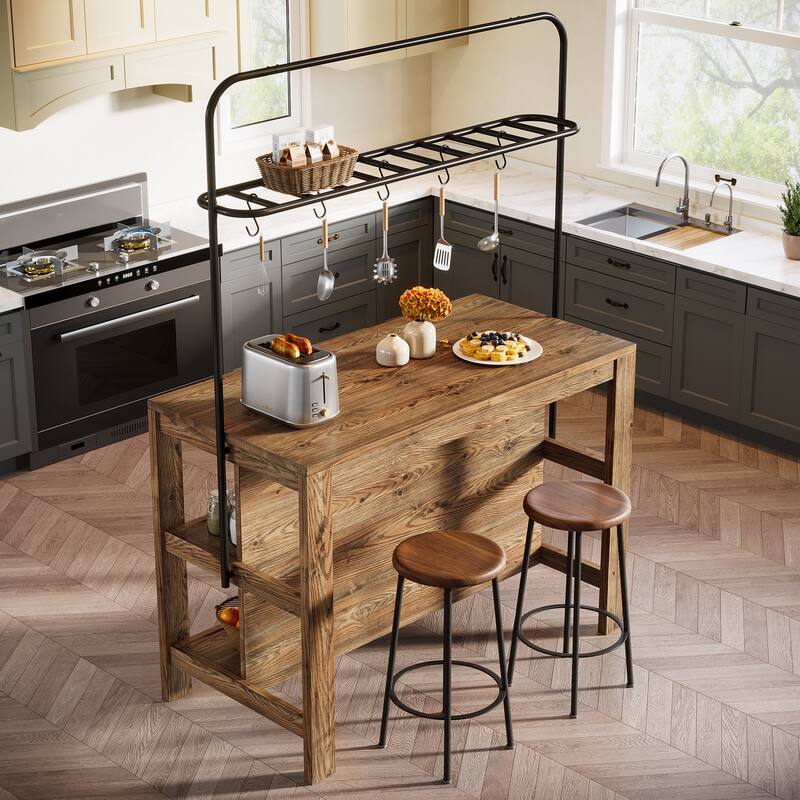 Solid Wood Kitchen Island with Storage Stationary Island Table Coffee Bar - 23.62" D x 47.24" W x 70.08" H - Rustic Brown/ Black