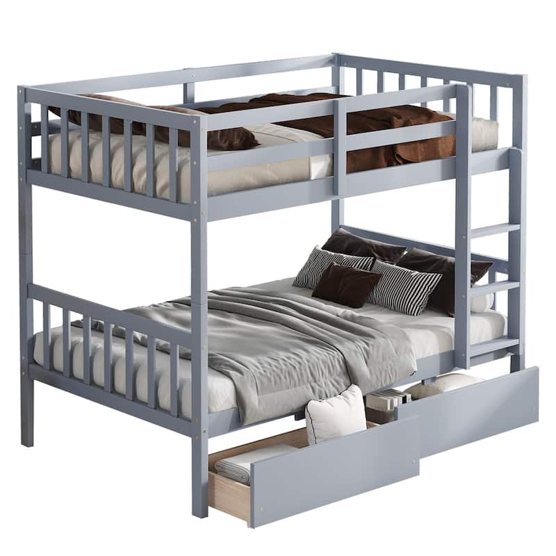 Twin Over Twin Rubber Wood Bunk Bed with 2 Drawers, Convertible into 2 Twin Beds