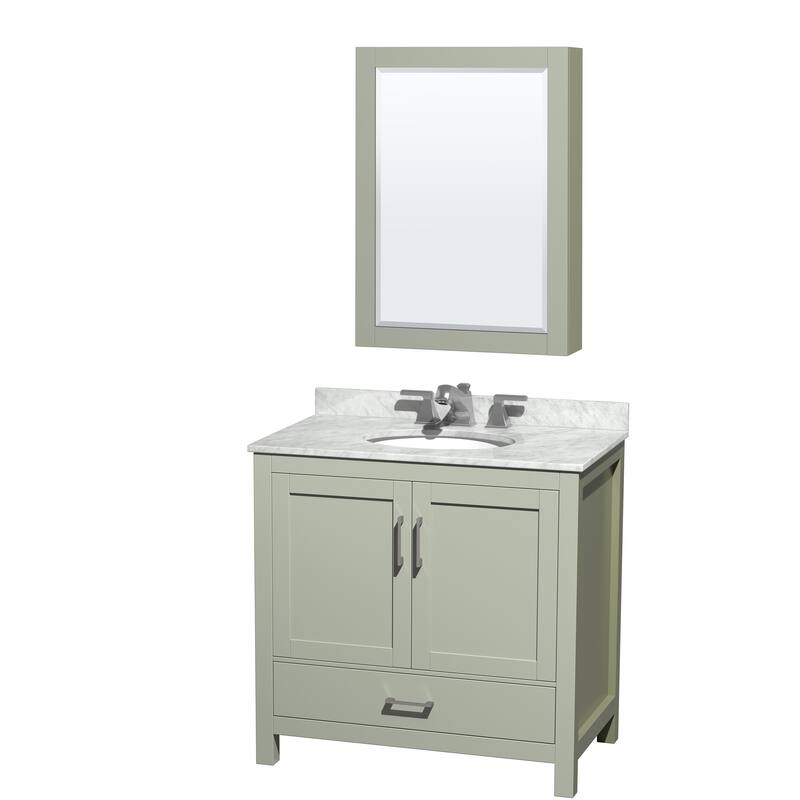 Wyndham Collection Sheffield Single Vanity Set, Medicine Cabinet - 36-Inch Single - Light Green, White Carrara Marble Top, Nickel Trim