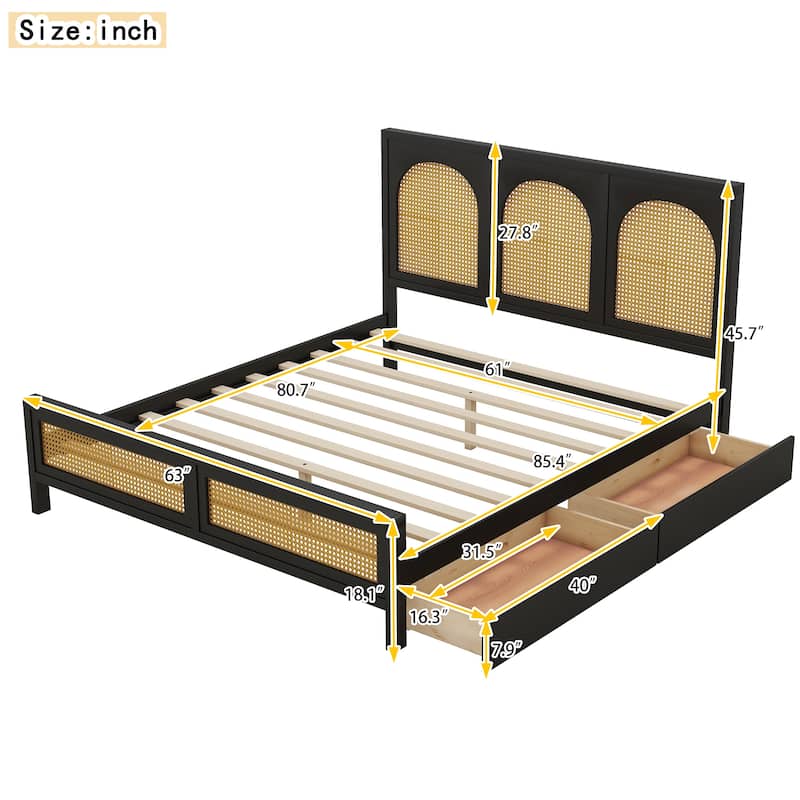 Queen Size Wood Platform Bed with Rattan Headboard, Footboard, and Storage Drawers