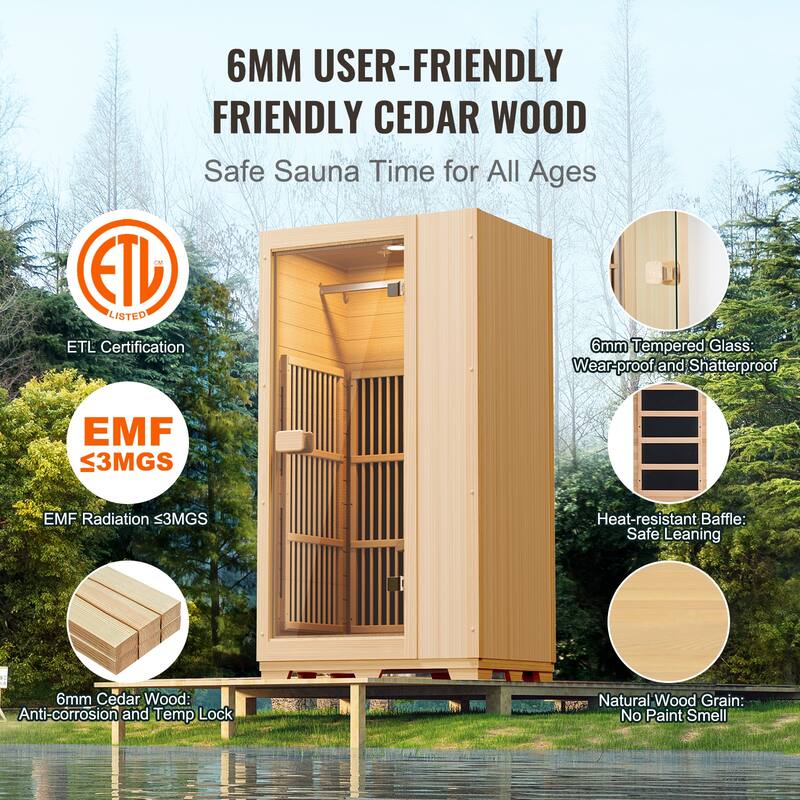 Far Infrared Wooden Sauna, Room Home Sauna Spa for One Single Person, Low EMF Far Infrared Hemlock Wood Sauna