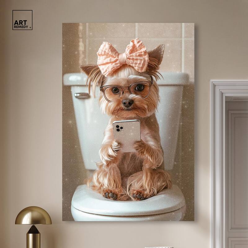 Cute Yorkie on the Toilet Canvas by Art Remedy, Gallery Wrapped