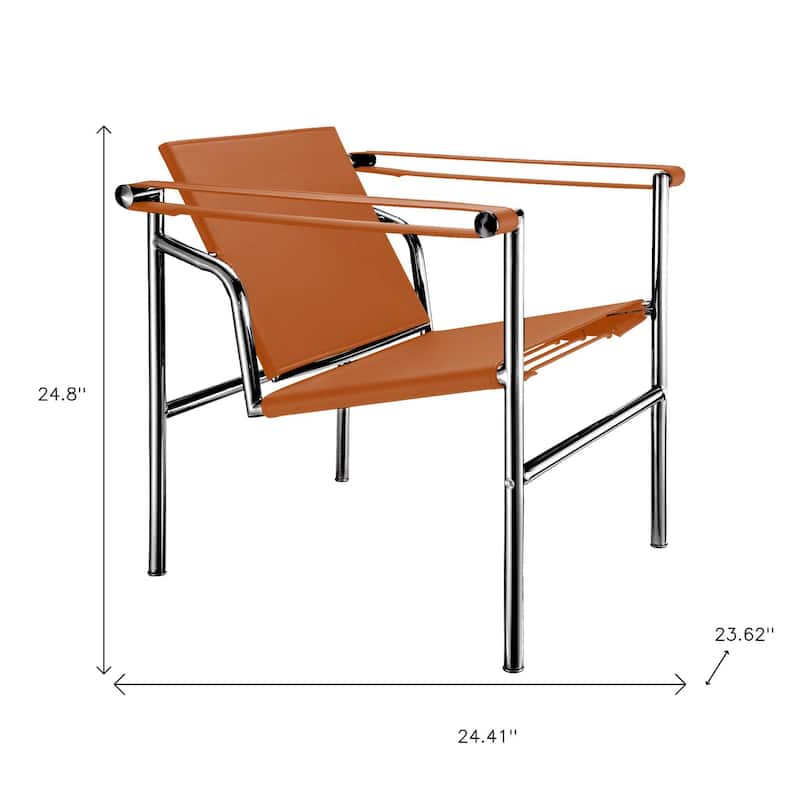 HomeRoots 24" Terra Cotta and Silver Faux Leather and Stainless Adjustable Back Arm Chair - 23.62 in. x 24.80 in. x 24.41 in.