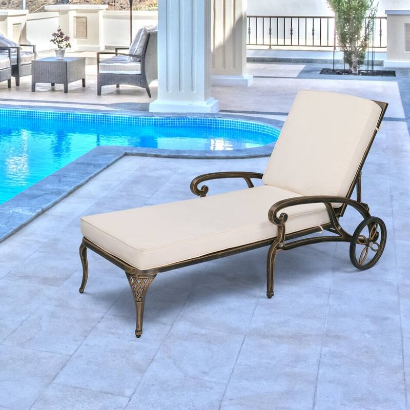 Cast Aluminum Outdoor Chaise Lounge Chair with Wheels and Cushion - N/A