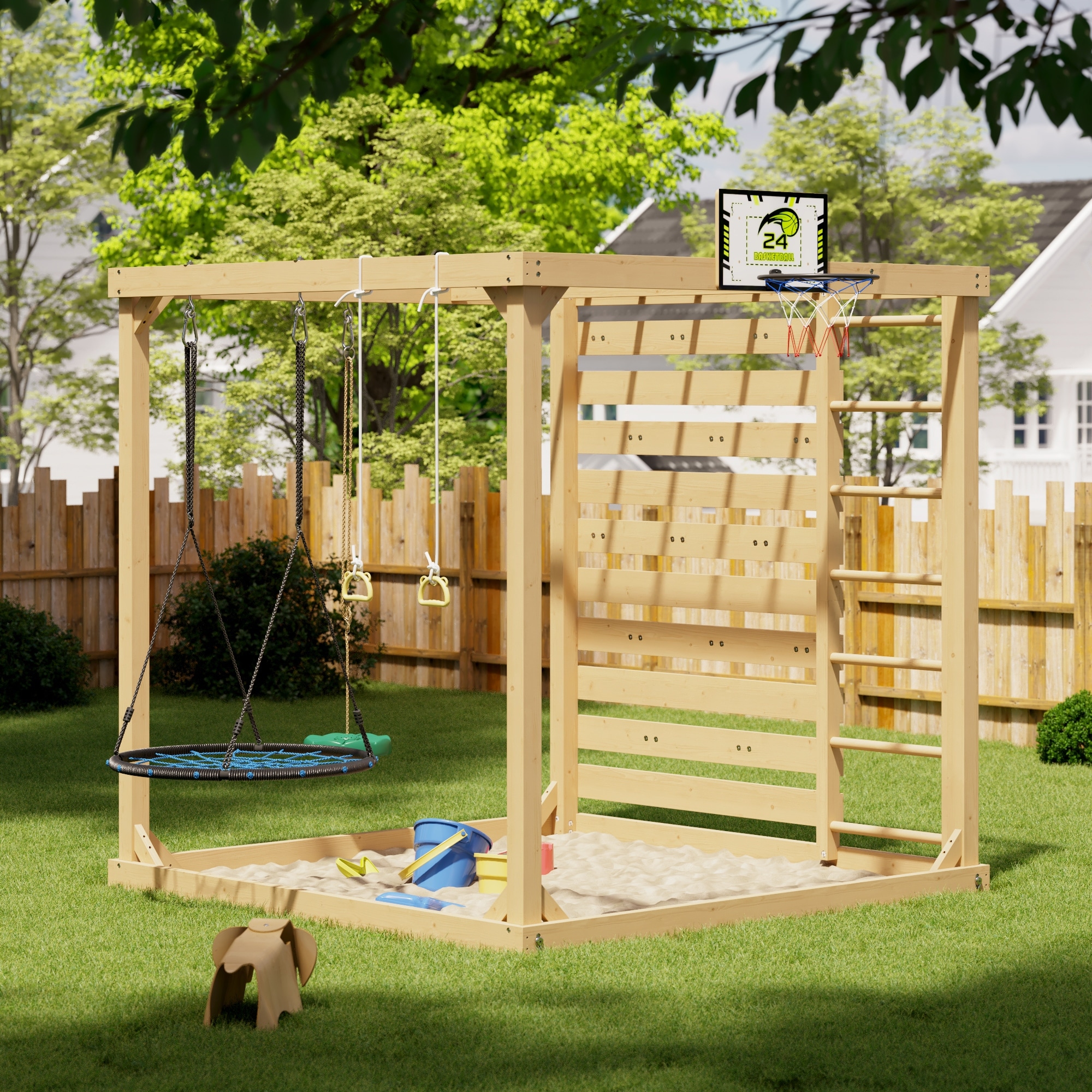 8-in-1 Cedar Wood Outdoor Playset for Backyard, Kids Swing Set with Climbing Wall, Monkey Bars, Basketball Hoop & Sand Box