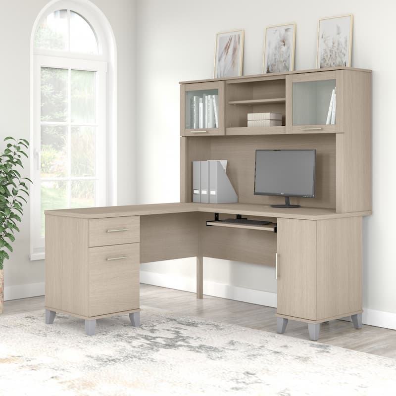 Bush Furniture Somerset 60W L Shaped Desk with Storage Hutch - Sand Oak
