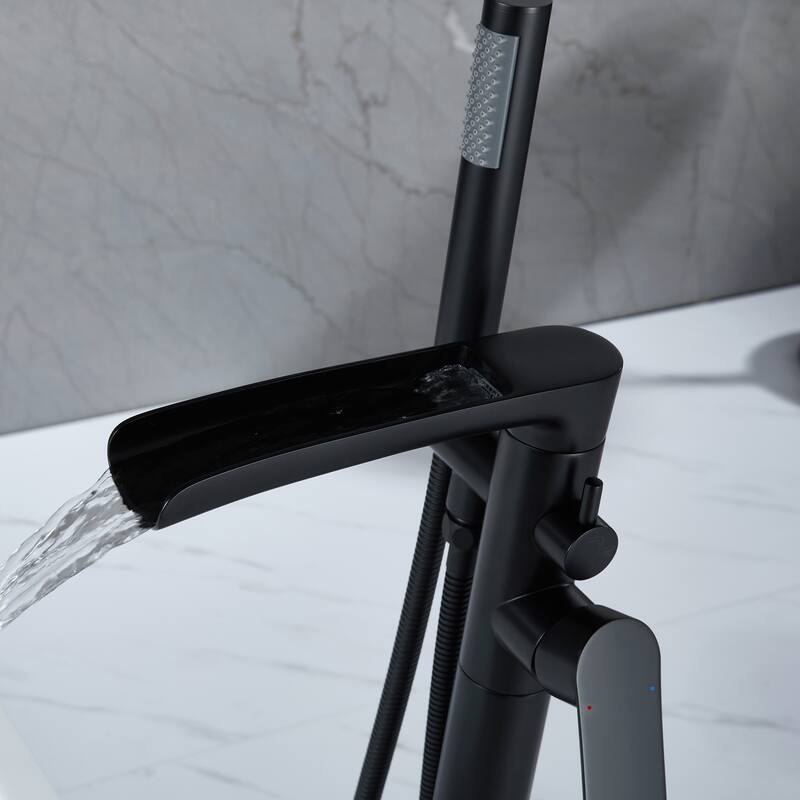 Single Handle Floor Mounted Freestanding Waterfall Tub Filler with Handheld Shower