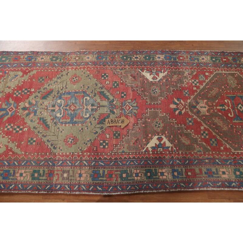 Geometric Tabriz Persian Vintage Runner Rug Handmade Wool Carpet - 3'7"x 11'3"