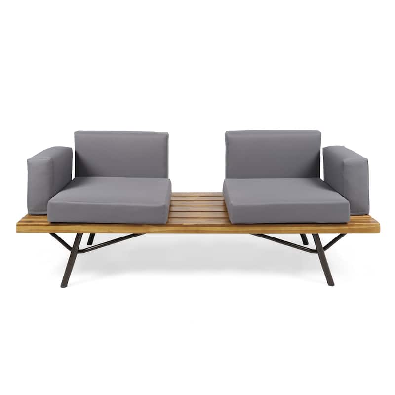 Outdoor Loveseat and Coffee Table Set, Acacia Wood, Black Iron, Gray