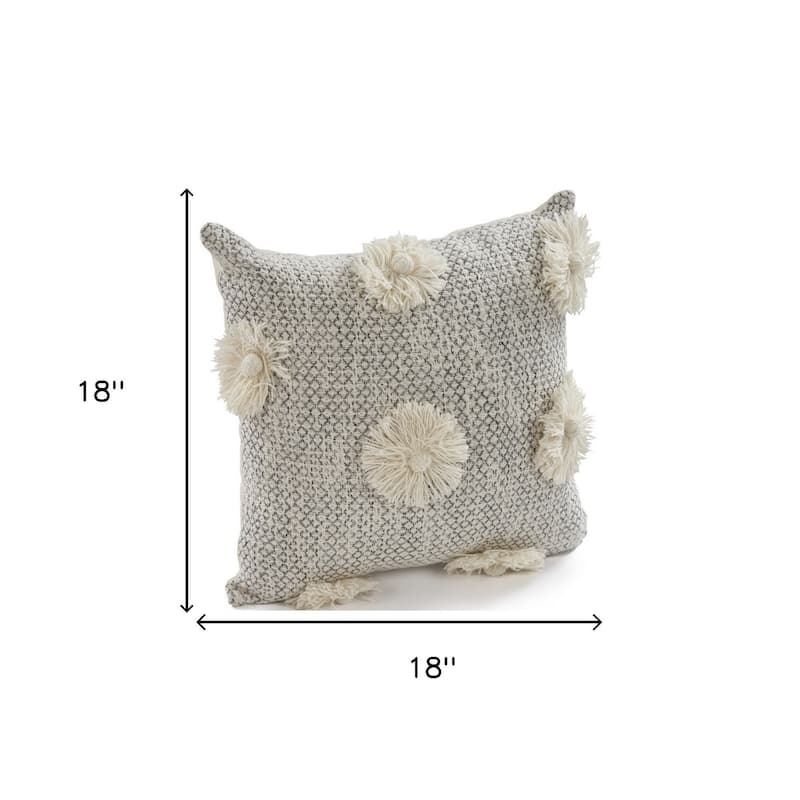 Set of Two Gray and Ivory Floral Cotton Throw Pillow With Fringe