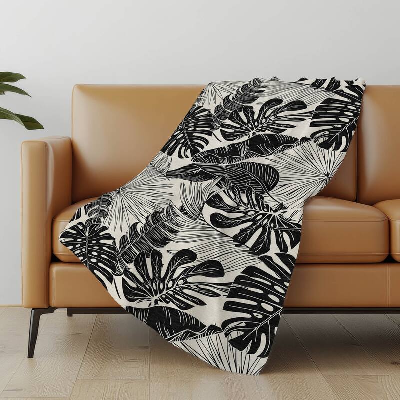 Premium Machine Washable ASB211 Palm Leave Sherpa Throw Blanket - Midnight - 4'2" x 5'10"