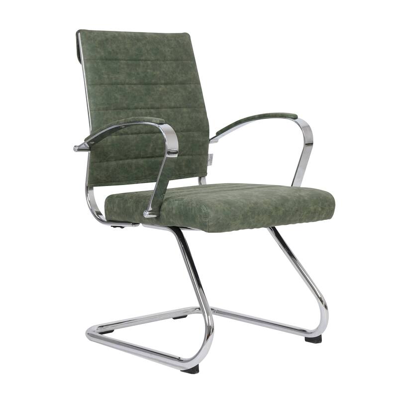 Benmar Modern Leather Office Chair with Stainless Steel Sled Base, Floor Caps, Ergonomic Desk Chair for Home Office or Workspace - Green