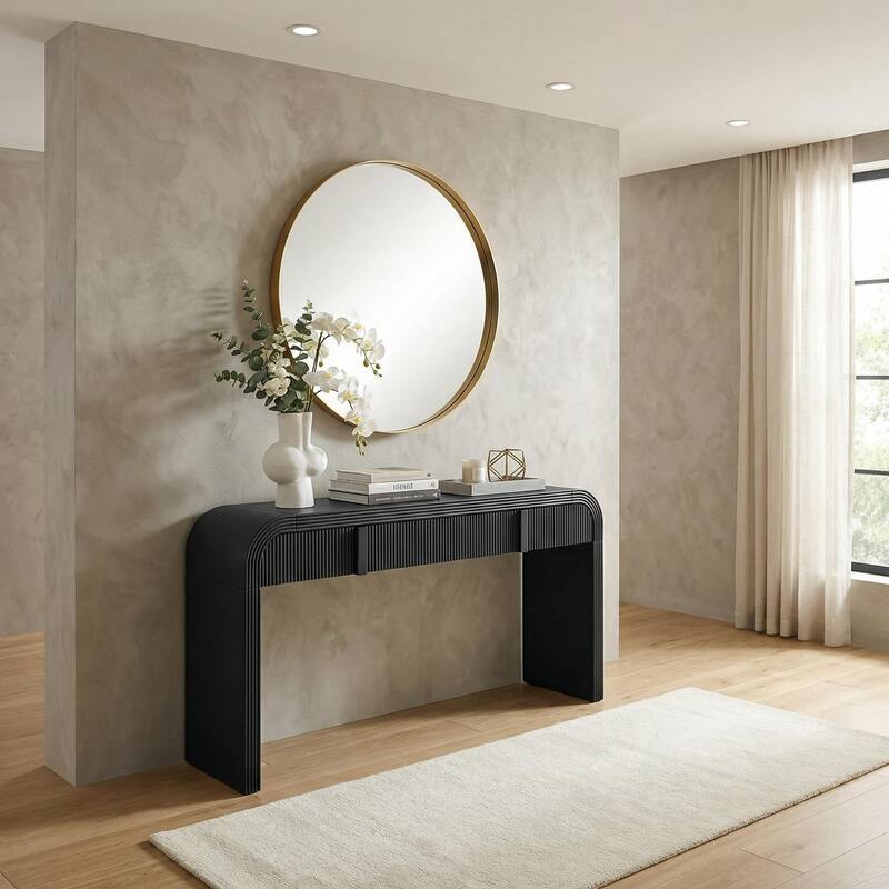 Homylin Modern Black Console Table with 2 Drawers, Glossy MDF Entryway Sofa Table for Living Room or Hallway