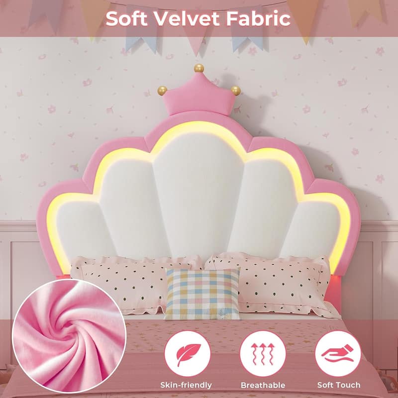 Bed Frame LED Lights Girls Bed Princess Crown Velvet Upholstered Platform Bed