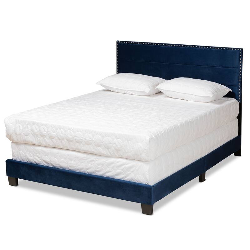 Tamira Modern Glam Velvet Fabric Upholstered Panel Bed - Blue - Queen