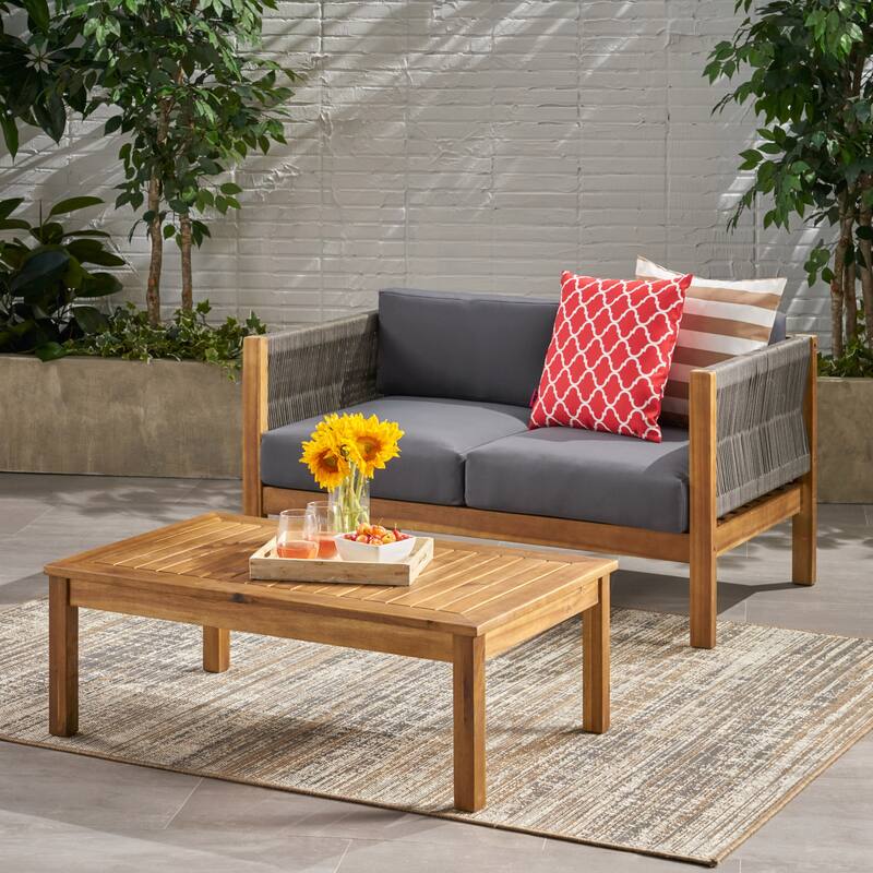 Roomfitters 4 Pcs Outdoor Chat Set with Woven Rope Club Chairs, Loveseat and Slatted Coffee Table, Natural+Grey