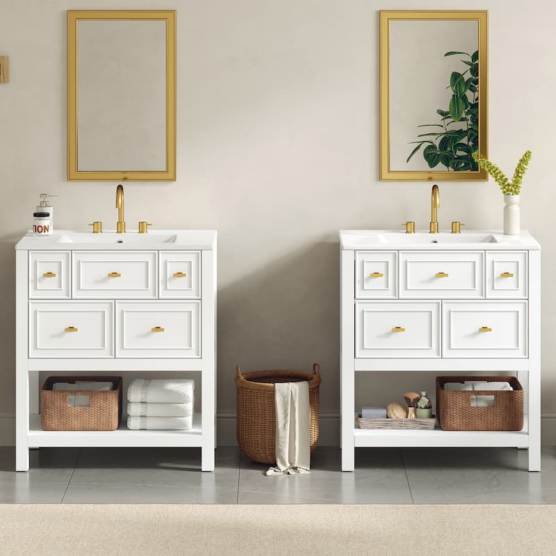 60'' Bathroom Vanity With Ceramic Sink Combo, Free Standing Single Vanity Set With 5 Drawers,Solid Wood FrameStorage Cabinet - White