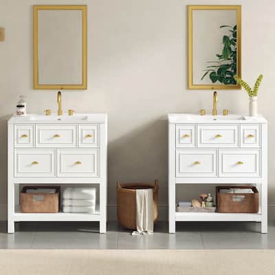 60'' Bathroom Vanity With Ceramic Sink Combo, Free Standing Single Vanity Set With 5 Drawers,Solid Wood FrameStorage Cabinet