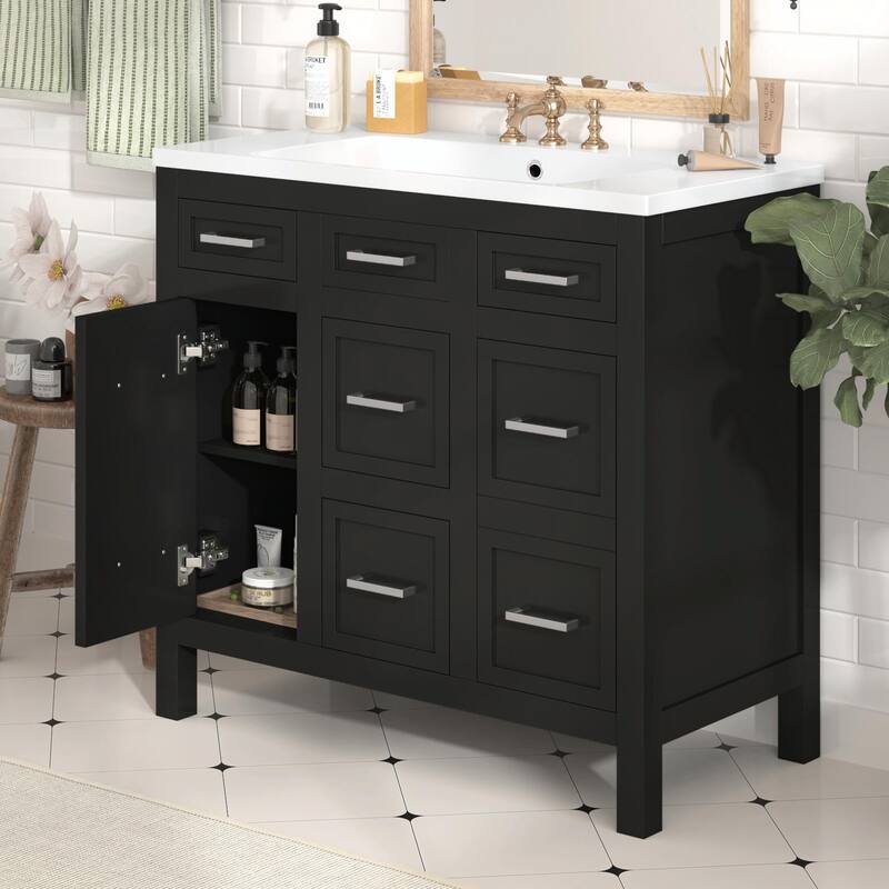 36" Bathroom Vanity with Integrated Resin Sink - 4 Drawers, 2 Doors