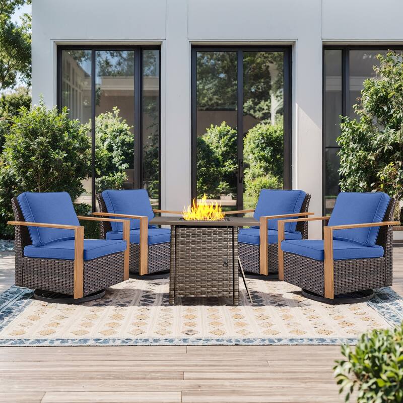 Pocassy Fire Pit Table with Outdoor Sofa Chair Ottoman Set - Brown Wicker Blue Cushion - 5-Piece Swivel Chair with Suqare Fire Table