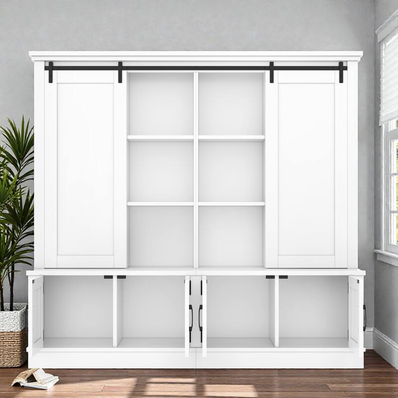 70.8 in Entryway Hall Cabinet with Sliding Barn Door, Multi-Tier Storage Shelves, 12 Compartments, Modern Mudroom Organizer