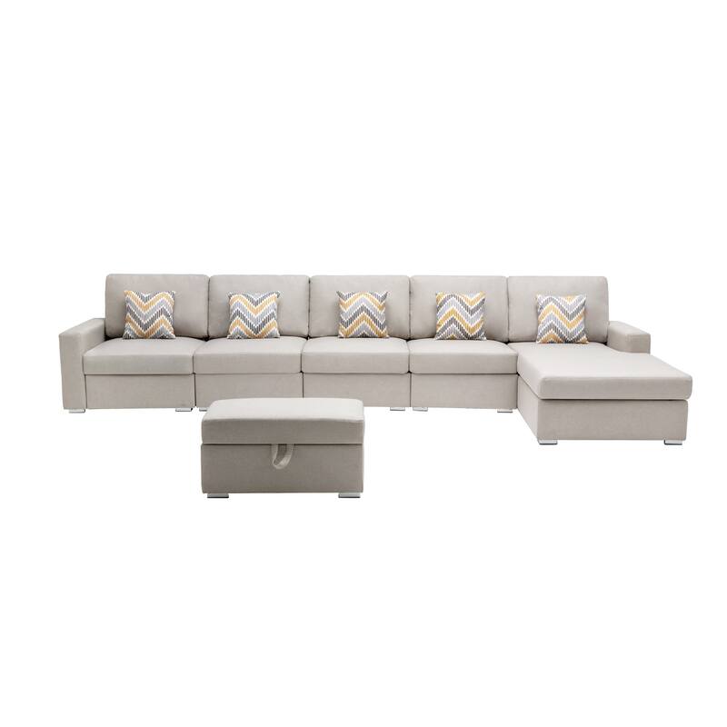 Linen Fabric 6 Piece Reversible Sectional Sofa Chaise with Interchangeable Legs, 5 Pillows and Storage Ottoman in Beige - 6 Piece - Beige