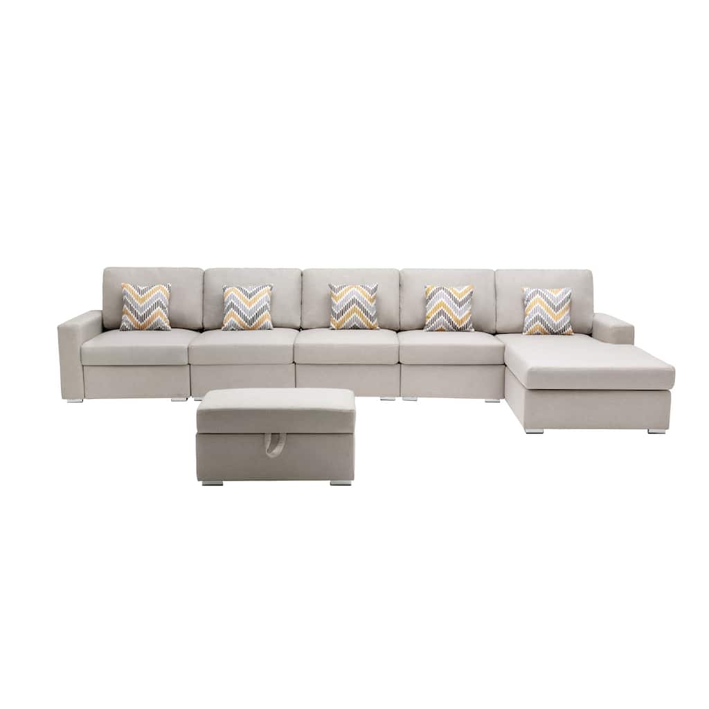 Linen Fabric 6 Piece Reversible Sectional Sofa Chaise with Interchangeable Legs, 5 Pillows and Storage Ottoman in Beige