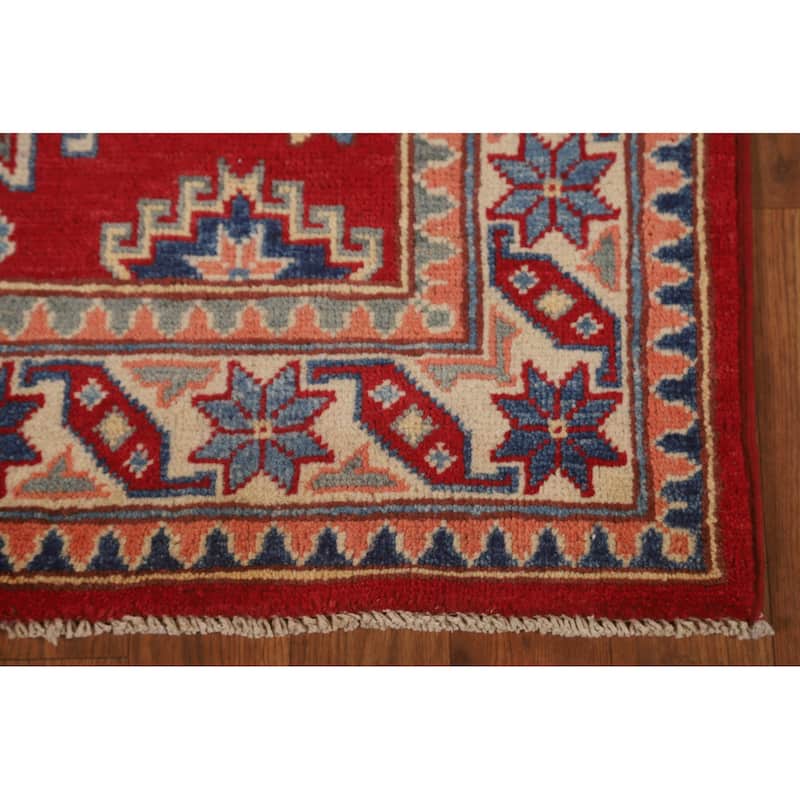 Geometric Red Kazak Runner Rug Hand-Knotted Wool Carpet - 2'9" x 8'0"