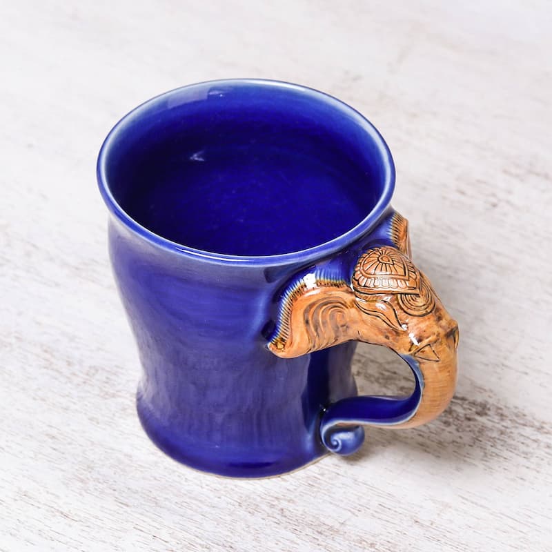 Novica Handmade Elephant Handle In Blue Celadon Ceramic Mug (10 Oz.)
