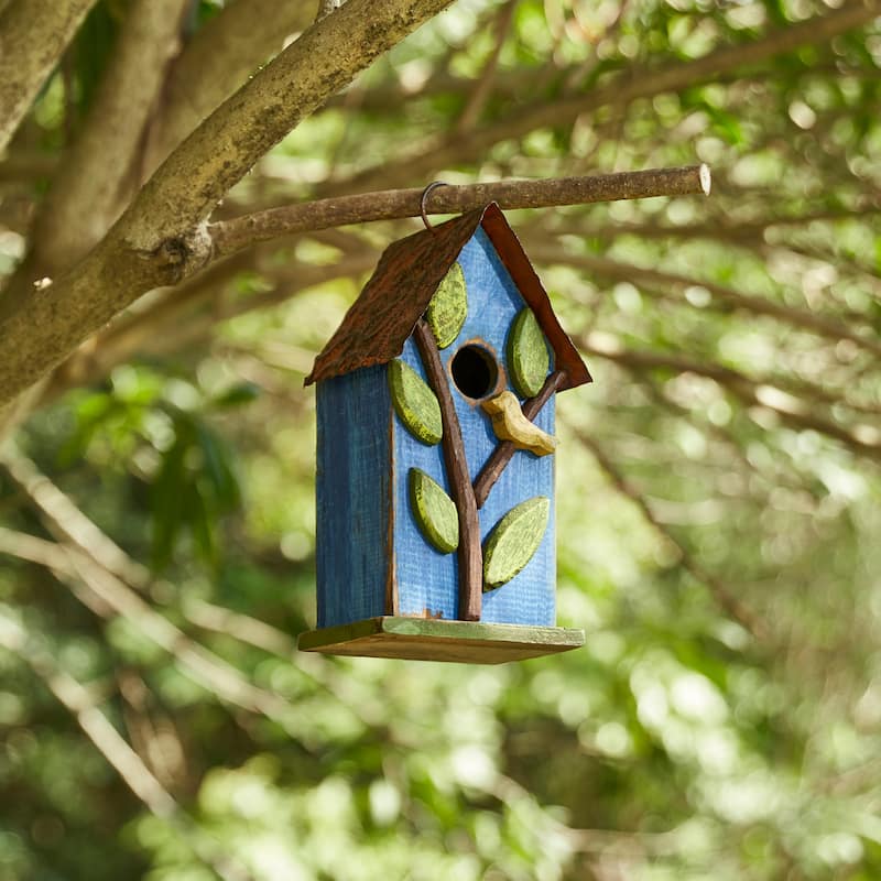 Glitzhome 10"H Multicolor Cute Distressed Solid Wood Birdhouse with 3D Flowers